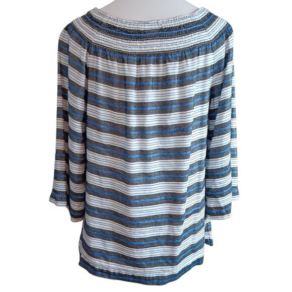 J. JILL Linen Blend Smocked Blouse Shirt Top Small Peasant Stripes Casual Travel - Picture 3 of 8